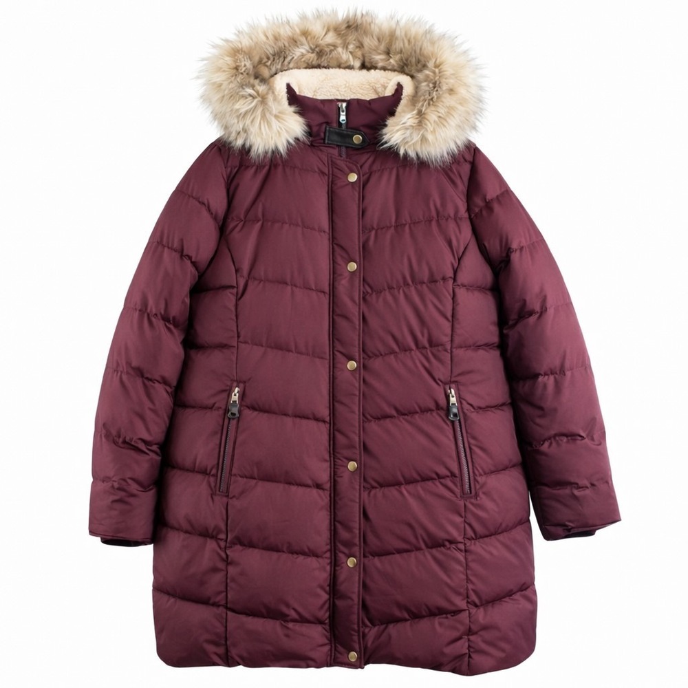 Ralph Lauren Down Puffer Coat Womens XXL Burgundy Faux Fur Hood Winter Jacket 2X